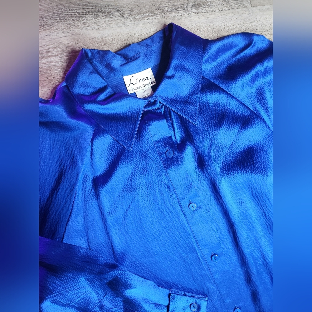 Vintage 100% Silk Royal Blue Linea By Louis Dell'Olia Long Sleeve Blouse - Picture 5 of 10